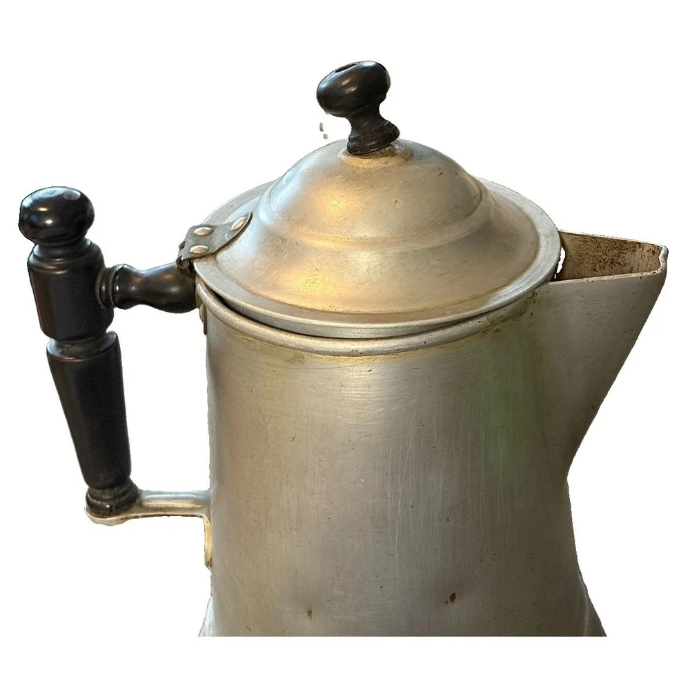 Vintage Aluminum Coffee Pot Hinged Lid Black Handle Strainer Spout Primitive